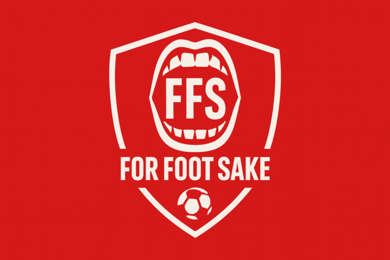 “For Foot Sake logo — red football crest with shouting mouth, FFS acronym, and soccer ball icon