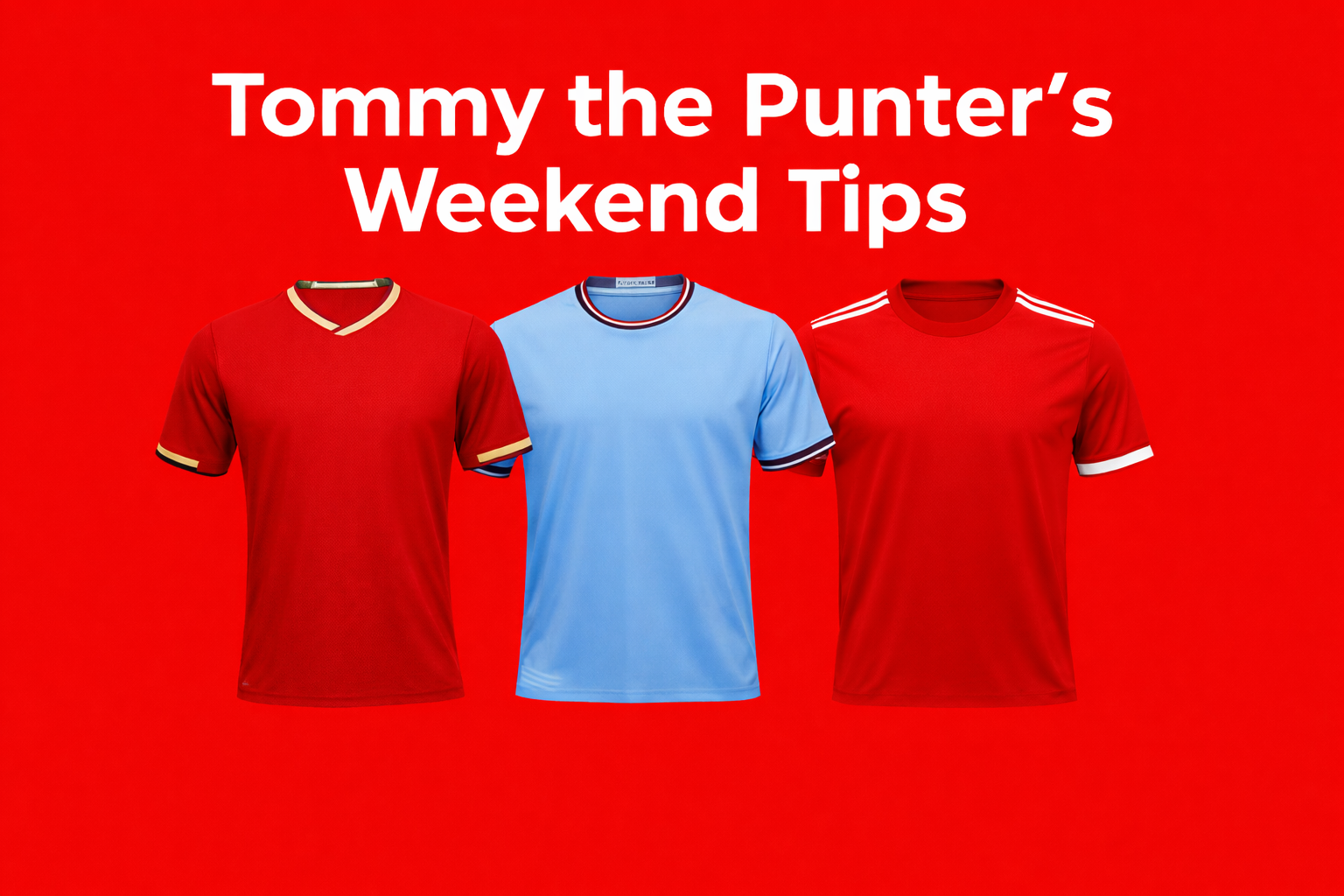 Tommy the Punter's Weekend Tips banner with Adelaide United, Manchester City and Bayern Munich shirt graphics