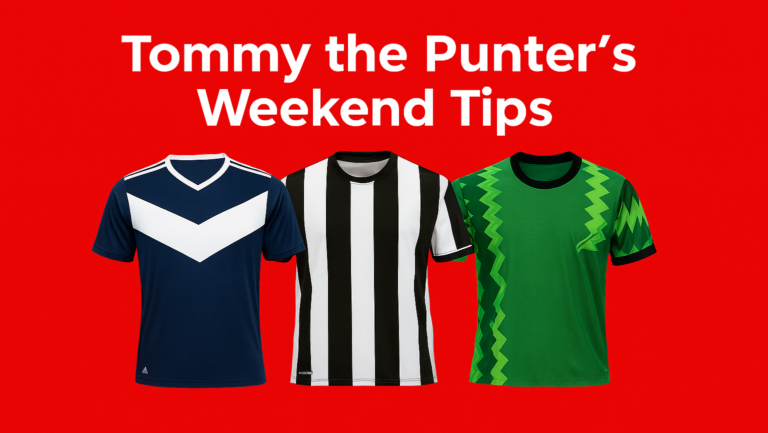 Tommy the Punter's Weekend Tips image with three football shirts and For Foot Sake logo