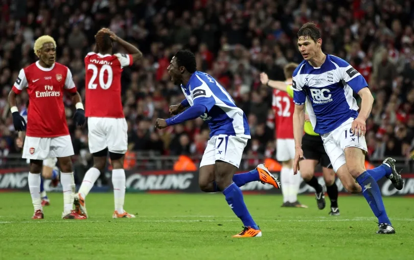 Obafemi Martins celebrates Birmingham City's shock Capital One Cup win, when Arsenal bottled it.