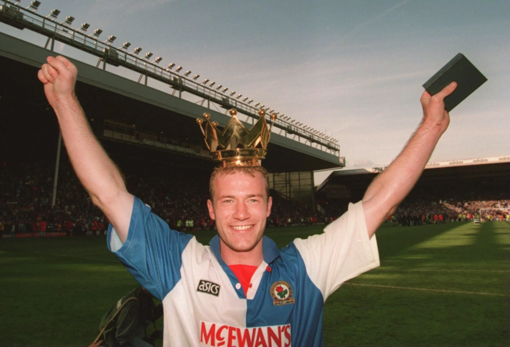 Alan Shearer celebrates as Blackburn won the Premier League title race