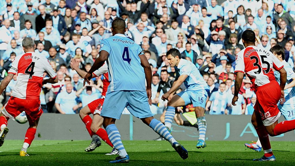 Sergio Aguero scores the title winning goal in the Premier League 2011/12.